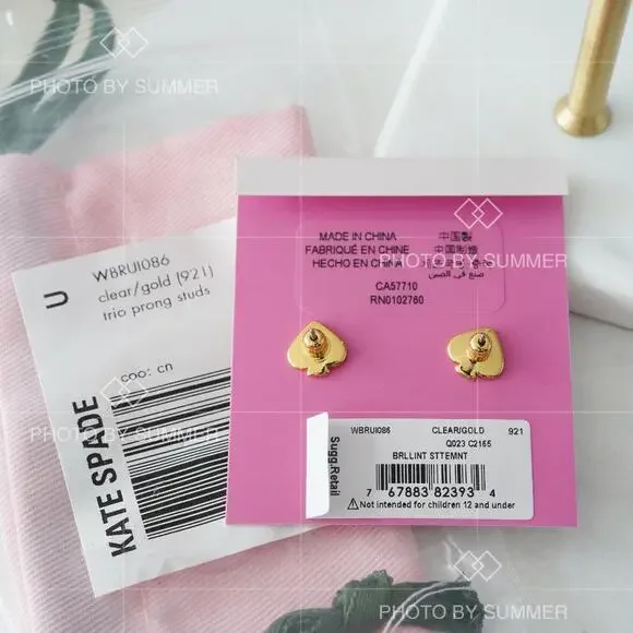 Kate Spade Brilliant Statements Tri prong Stud Earrings Clear Gold - Picture 3 of 6